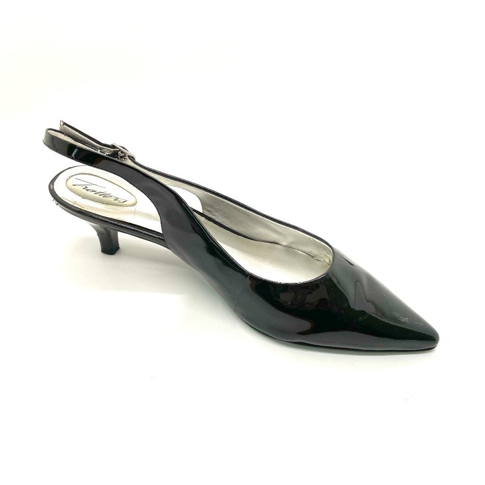 Trotters low kitten heel comfortable slingbacks in black patent leather size 10W